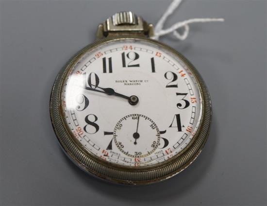 A chrome cased keyless pocket watch, the dial inscribed Rolex Watch Co. Marconi, with Arabic dial